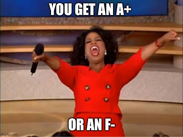 School | YOU GET AN A+; OR AN F- | image tagged in memes,oprah you get a | made w/ Imgflip meme maker