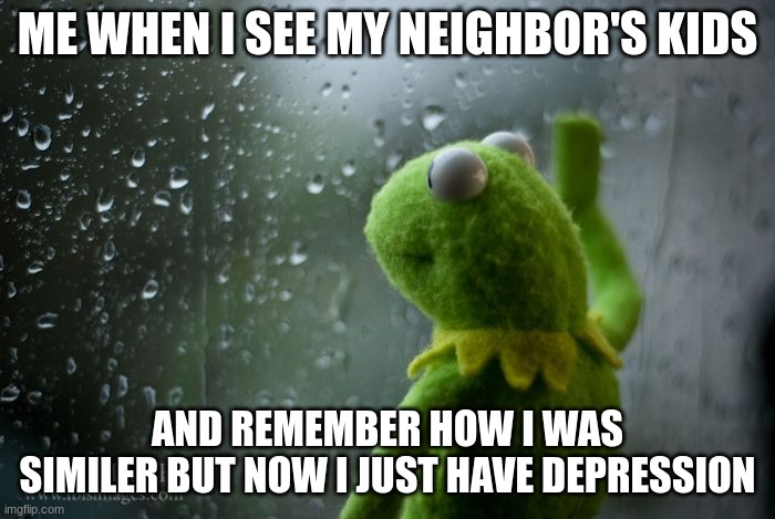 depression | ME WHEN I SEE MY NEIGHBOR'S KIDS; AND REMEMBER HOW I WAS SIMILER BUT NOW I JUST HAVE DEPRESSION | image tagged in kermit window | made w/ Imgflip meme maker