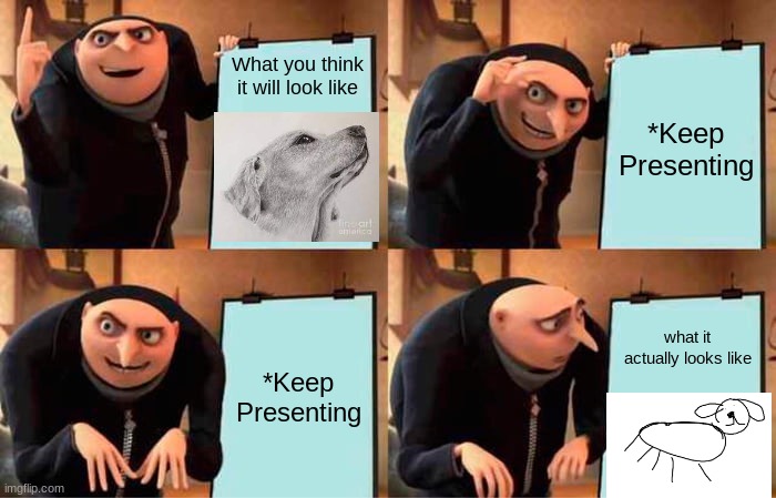 Dogs | What you think it will look like; *Keep Presenting; *Keep Presenting; what it actually looks like | image tagged in memes,gru's plan | made w/ Imgflip meme maker