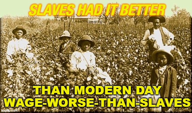 Wage slavery | SLAVES HAD IT BETTER; THAN MODERN DAY WAGE-WORSE-THAN-SLAVES | image tagged in cotton slaves | made w/ Imgflip meme maker