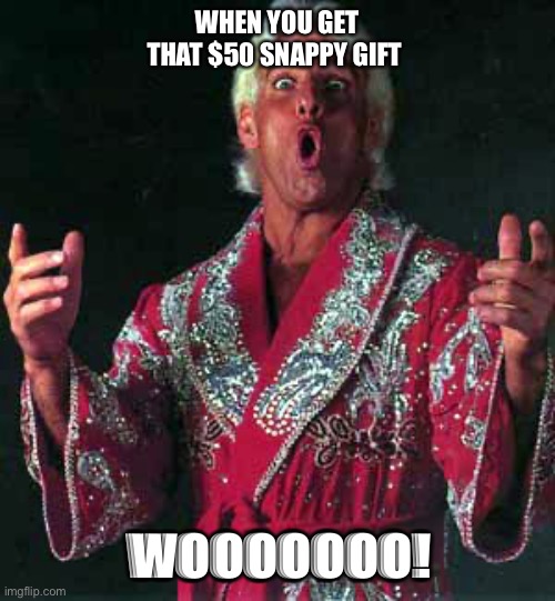Nature Boy Rick Flair  | WHEN YOU GET THAT $50 SNAPPY GIFT; WOOOOOOO! | image tagged in nature boy rick flair | made w/ Imgflip meme maker