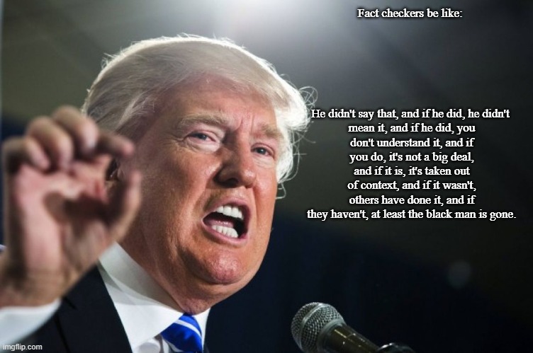 donald trump |  Fact checkers be like: 

                                                                                                        
                                                                                        

He didn't say that, and if he did, he didn't 
mean it, and if he did, you don't understand it, and if you do, it's not a big deal, and if it is, it's taken out of context, and if it wasn't, others have done it, and if they haven't, at least the black man is gone. | image tagged in donald trump | made w/ Imgflip meme maker