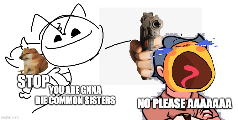 YOUR GONNA DIE LETS GO SISTERS!1!!!!!!!!11!!1111!!!! | STOP; NO PLEASE AAAAAAA; YOU ARE GNNA DIE COMMON SISTERS | image tagged in bob murders father fairest,shitpost | made w/ Imgflip meme maker