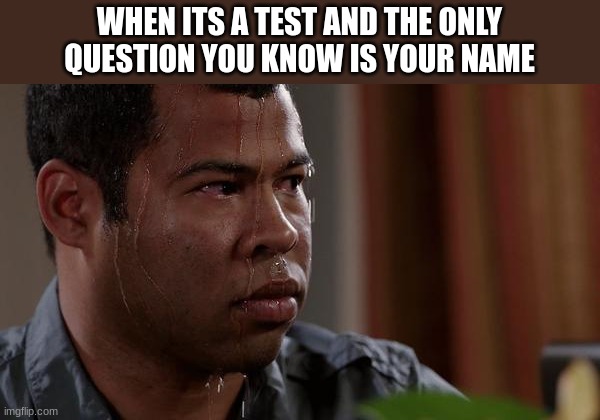 sweating bullets | WHEN ITS A TEST AND THE ONLY QUESTION YOU KNOW IS YOUR NAME | image tagged in sweating bullets | made w/ Imgflip meme maker