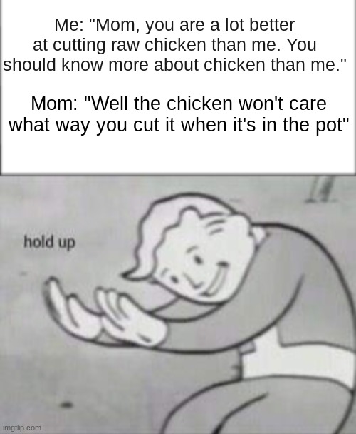 Dark | Me: "Mom, you are a lot better at cutting raw chicken than me. You should know more about chicken than me."; Mom: "Well the chicken won't care what way you cut it when it's in the pot" | image tagged in fallout hold up,dark humor,mom,memes | made w/ Imgflip meme maker