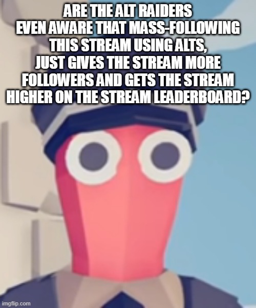 TABS Stare | ARE THE ALT RAIDERS EVEN AWARE THAT MASS-FOLLOWING THIS STREAM USING ALTS, JUST GIVES THE STREAM MORE FOLLOWERS AND GETS THE STREAM HIGHER ON THE STREAM LEADERBOARD? | image tagged in tabs stare | made w/ Imgflip meme maker