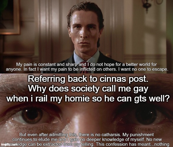 Cinna | Referring back to cinnas post. Why does society call me gay when i rail my homie so he can gts well? | image tagged in society | made w/ Imgflip meme maker