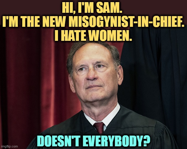 Actions speak louder than words, but his words are plenty loud. | HI, I'M SAM. 
I'M THE NEW MISOGYNIST-IN-CHIEF.
I HATE WOMEN. DOESN'T EVERYBODY? | image tagged in judge alito,woman,hater,misogyny | made w/ Imgflip meme maker