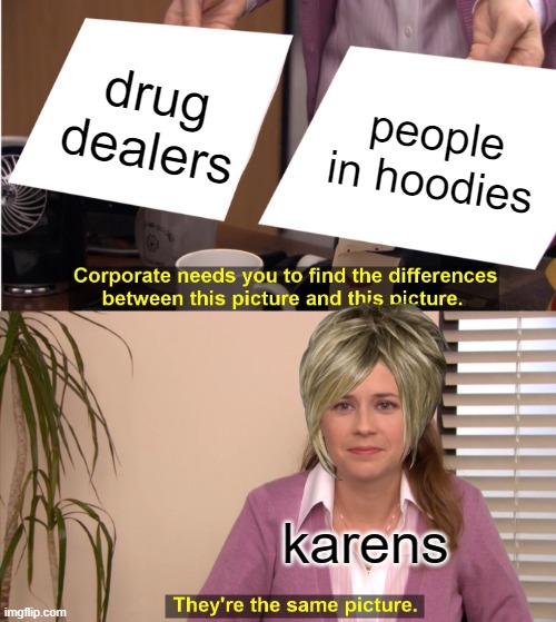 karens | drug dealers; people in hoodies; karens | image tagged in memes,they're the same picture | made w/ Imgflip meme maker
