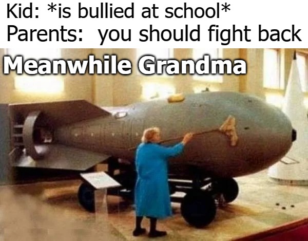 Kid: *is bullied at school*; Parents:  you should fight back; Meanwhile Grandma | image tagged in boom | made w/ Imgflip meme maker