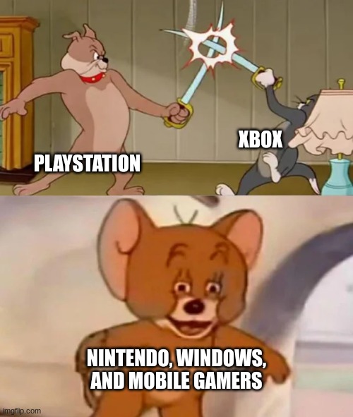 Gaming battle | XBOX; PLAYSTATION; NINTENDO, WINDOWS, AND MOBILE GAMERS | image tagged in tom and spike fighting | made w/ Imgflip meme maker