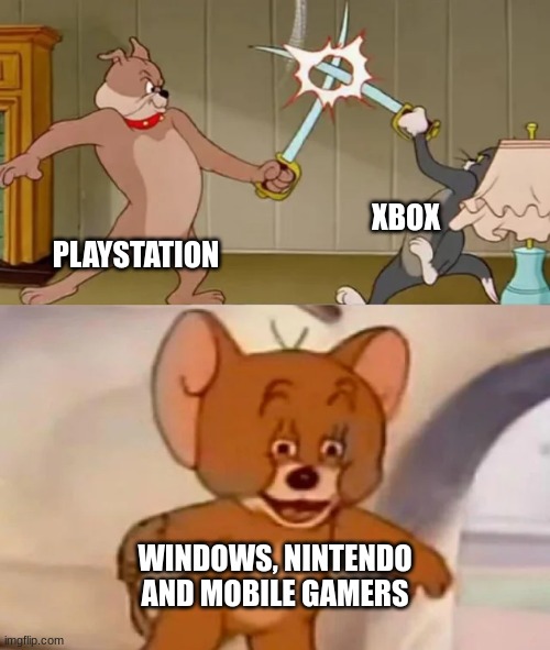 Gaming battle | XBOX; PLAYSTATION; WINDOWS, NINTENDO AND MOBILE GAMERS | image tagged in tom and spike fighting | made w/ Imgflip meme maker