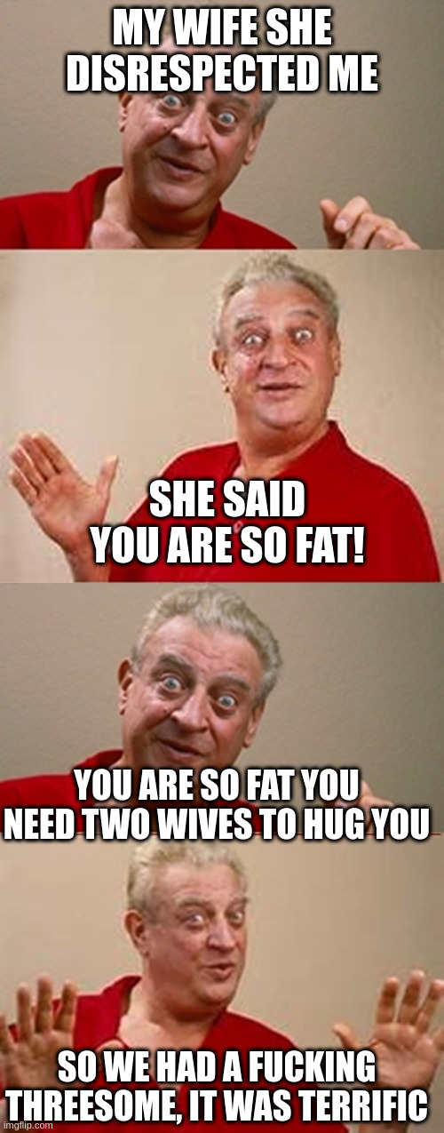 jokester | MY WIFE SHE DISRESPECTED ME SHE SAID YOU ARE SO FAT! YOU ARE SO FAT YOU NEED TWO WIVES TO HUG YOU SO WE HAD A FUCKING THREESOME, IT WAS TERR | image tagged in bad pun rodney dangerfield | made w/ Imgflip meme maker