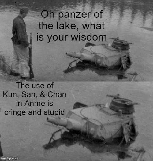 The Panzer has spoken | Oh panzer of the lake, what is your wisdom; The use of Kun, San, & Chan in Anme is cringe and stupid | image tagged in panzer of the lake | made w/ Imgflip meme maker