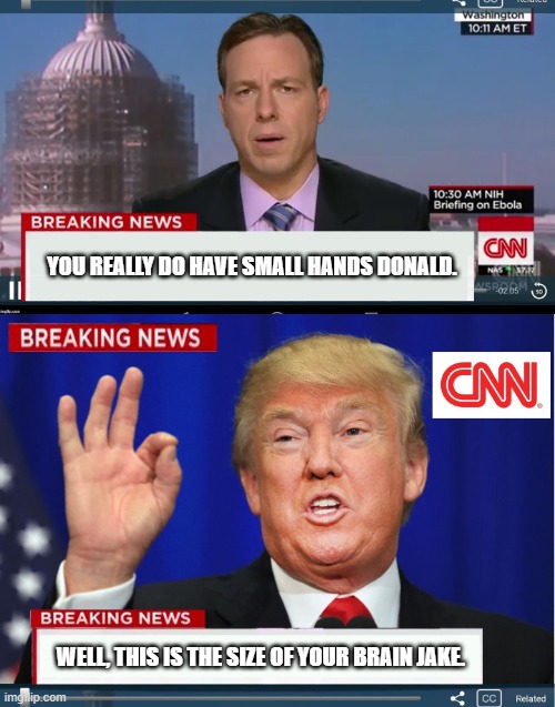 CNN phony Trump news | YOU REALLY DO HAVE SMALL HANDS DONALD. WELL, THIS IS THE SIZE OF YOUR BRAIN JAKE. | image tagged in cnn phony trump news | made w/ Imgflip meme maker