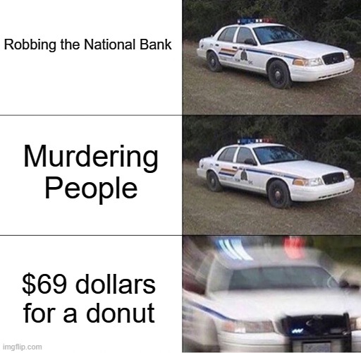 1969 |  Robbing the National Bank; Murdering People; $69 dollars for a donut | image tagged in police car,69,vietnam | made w/ Imgflip meme maker