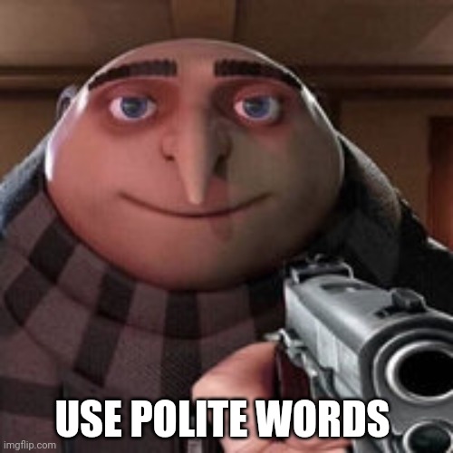 Gru | USE POLITE WORDS | image tagged in gru | made w/ Imgflip meme maker