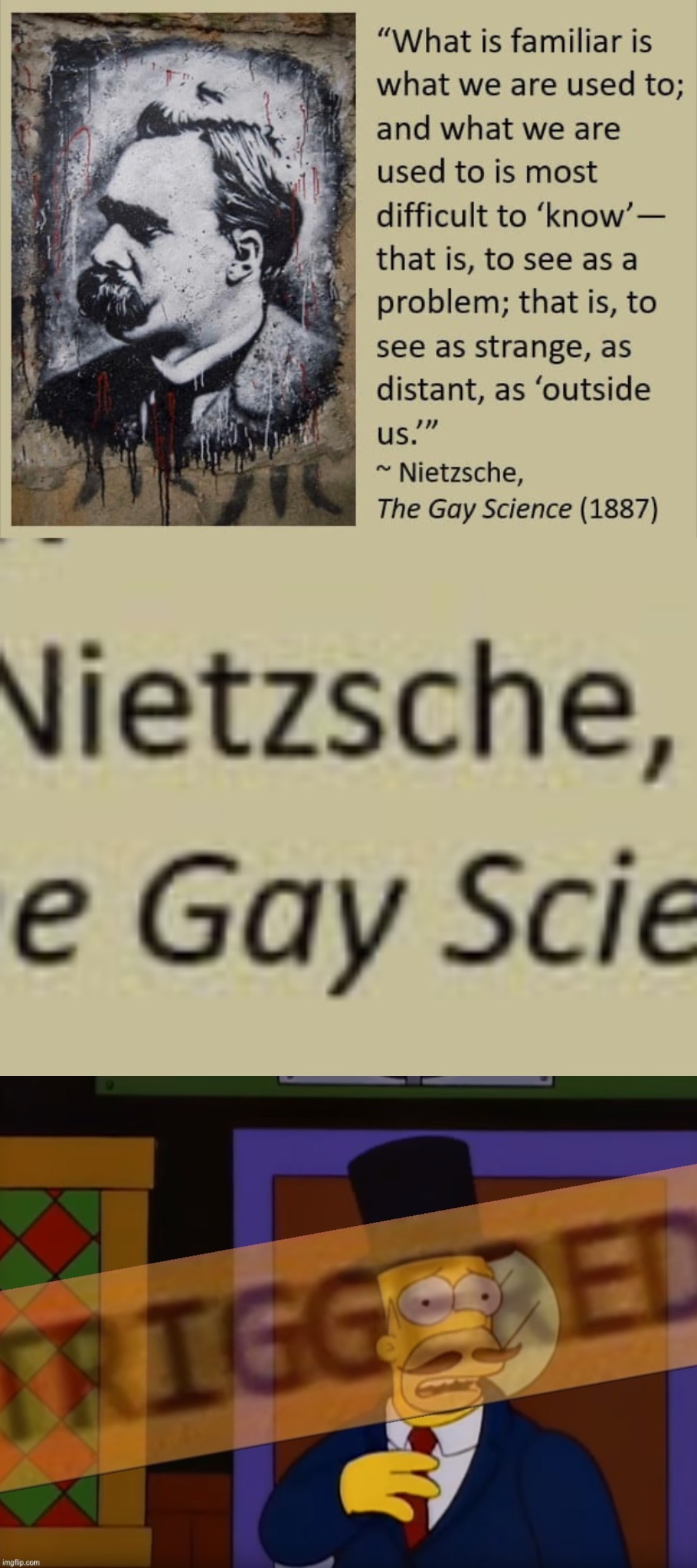 Conservative Party is in the process of re-evaluating our decision to appoint Nietzsche as our official philosopher. #OurValues | image tagged in nietzsche quote the gay science,incognitoguy triggered,gay,g,a,y | made w/ Imgflip meme maker