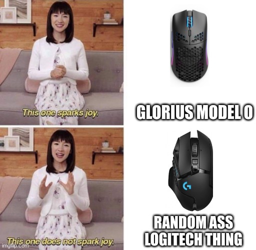 dont feel insulted its a joke | GLORIUS MODEL O; RANDOM ASS LOGITECH THING | image tagged in this one sparks joy | made w/ Imgflip meme maker