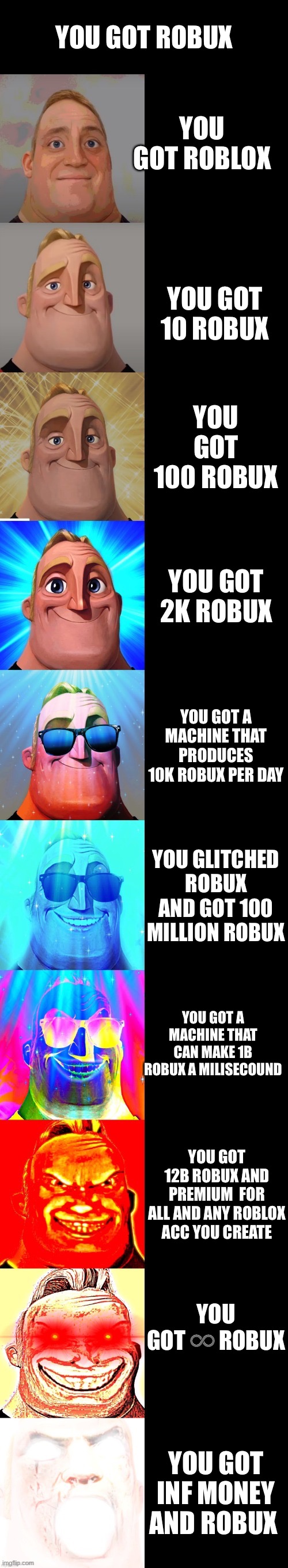 When You Get Robux Good Ending | YOU GOT ROBUX; YOU GOT ROBLOX; YOU GOT 10 ROBUX; YOU GOT 100 ROBUX; YOU GOT 2K ROBUX; YOU GOT A MACHINE THAT PRODUCES 10K ROBUX PER DAY; YOU GLITCHED ROBUX AND GOT 100 MILLION ROBUX; YOU GOT A MACHINE THAT CAN MAKE 1B ROBUX A MILISECOUND; YOU GOT 12B ROBUX AND PREMIUM  FOR ALL AND ANY ROBLOX ACC YOU CREATE; YOU GOT ♾ ROBUX; YOU GOT INF MONEY AND ROBUX | image tagged in mr incredible becoming canny | made w/ Imgflip meme maker