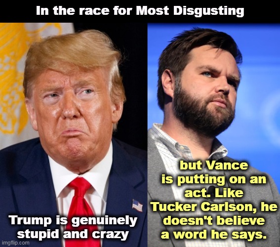 In the race for Most Disgusting; but Vance is putting on an act. Like Tucker Carlson, he doesn't believe a word he says. Trump is genuinely stupid and crazy | image tagged in tucker carlson,trump,vance,disgusting,liars | made w/ Imgflip meme maker