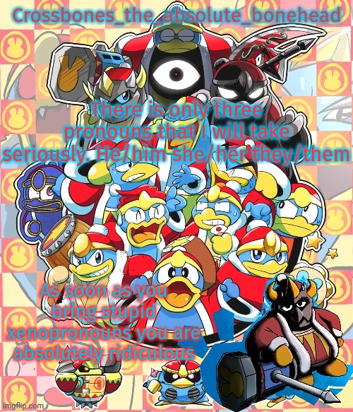 Crossbones king dedede temp | There is only three pronouns that I will take seriously. He/him she/her they/them; As soon as you bring stupid xenopronouns you are absolutely ridiculous | image tagged in crossbones king dedede temp | made w/ Imgflip meme maker