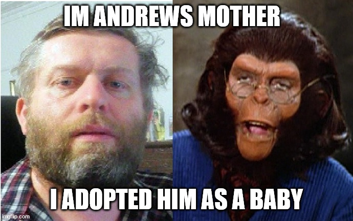 mother and son | IM ANDREWS MOTHER; I ADOPTED HIM AS A BABY | image tagged in mother and son | made w/ Imgflip meme maker