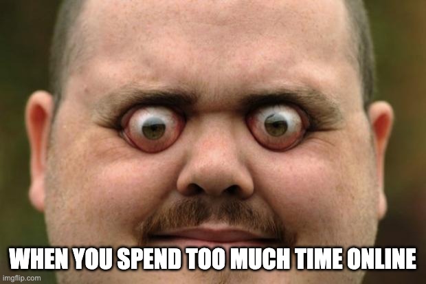 bulging eyes | WHEN YOU SPEND TOO MUCH TIME ONLINE | image tagged in bulging eyes | made w/ Imgflip meme maker