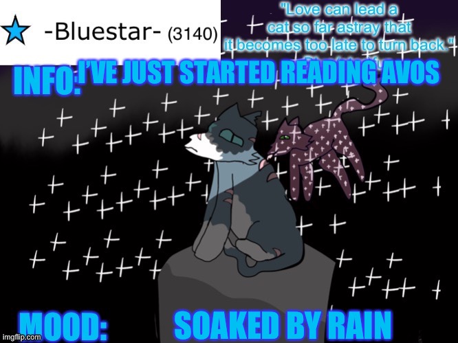-Bluestar- announcement template | I’VE JUST STARTED READING AVOS; SOAKED BY RAIN | image tagged in -bluestar- announcement template | made w/ Imgflip meme maker