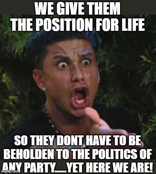 DJ Pauly D Meme | WE GIVE THEM THE POSITION FOR LIFE SO THEY DONT HAVE TO BE BEHOLDEN TO THE POLITICS OF ANY PARTY.....YET HERE WE ARE! | image tagged in memes,dj pauly d | made w/ Imgflip meme maker