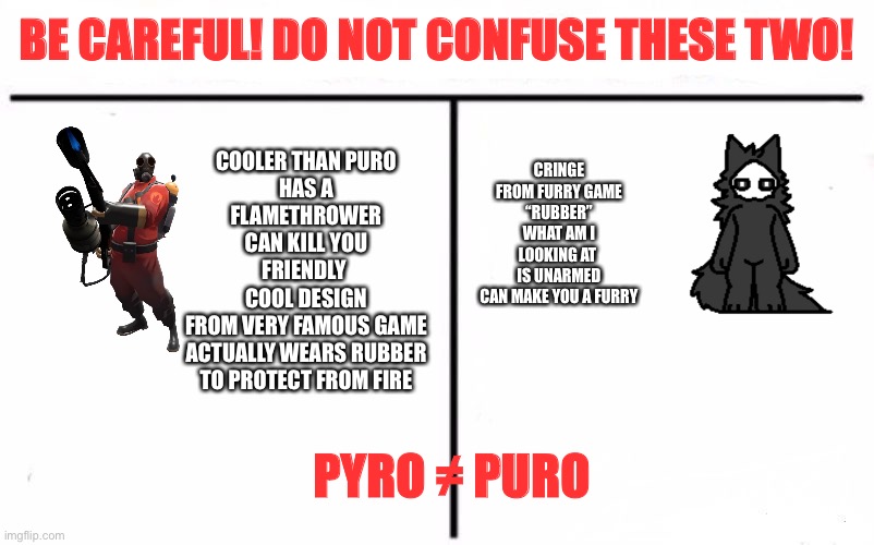 THIS IS A PUBLIC SERVICE ANNOUNCEMENT | BE CAREFUL! DO NOT CONFUSE THESE TWO! COOLER THAN PURO
HAS A FLAMETHROWER
CAN KILL YOU
FRIENDLY 
COOL DESIGN
FROM VERY FAMOUS GAME
ACTUALLY WEARS RUBBER TO PROTECT FROM FIRE; CRINGE
FROM FURRY GAME
“RUBBER”
WHAT AM I LOOKING AT 
IS UNARMED
CAN MAKE YOU A FURRY; PYRO ≠ PURO | image tagged in why did i make this,ignore this | made w/ Imgflip meme maker