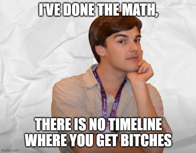 Respectable Theory | I'VE DONE THE MATH, THERE IS NO TIMELINE WHERE YOU GET BITCHES | image tagged in game theory,no bitches | made w/ Imgflip meme maker
