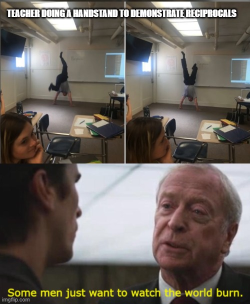 TEACHER DOING A HANDSTAND TO DEMONSTRATE RECIPROCALS | image tagged in some men just want to watch the world burn | made w/ Imgflip meme maker