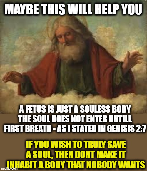 How to get through to them? | MAYBE THIS WILL HELP YOU; A FETUS IS JUST A SOULESS BODY THE SOUL DOES NOT ENTER UNTILL FIRST BREATH - AS I STATED IN GENISIS 2:7; IF YOU WISH TO TRULY SAVE A SOUL, THEN DONT MAKE IT INHABIT A BODY THAT NOBODY WANTS | image tagged in god,memes,pro choice,politics,freedom,small government | made w/ Imgflip meme maker