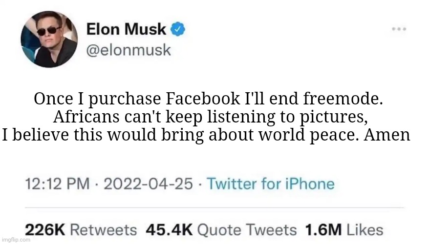 Elon Musk Buying Twitter | Once I purchase Facebook I'll end freemode.  Africans can't keep listening to pictures, I believe this would bring about world peace. Amen | image tagged in elon musk buying twitter | made w/ Imgflip meme maker
