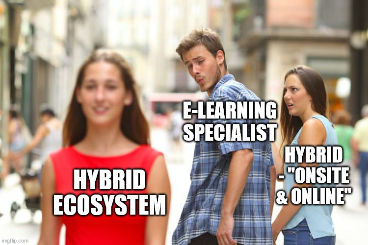 Hybrid learning | E-LEARNING SPECIALIST; HYBRID - "ONSITE & ONLINE"; HYBRID ECOSYSTEM | image tagged in memes,distracted boyfriend,hybrid,teaching,learning | made w/ Imgflip meme maker