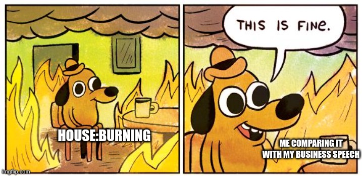 This Is Fine | HOUSE:BURNING; ME COMPARING IT WITH MY BUSINESS SPEECH | image tagged in memes,this is fine | made w/ Imgflip meme maker