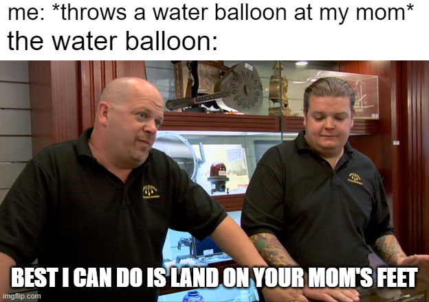 *me trying to get a perfect shot on my mom in a water fight* | me: *throws a water balloon at my mom*; the water balloon:; BEST I CAN DO IS LAND ON YOUR MOM'S FEET | image tagged in pawn stars best i can do | made w/ Imgflip meme maker