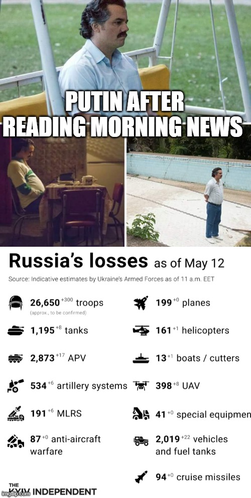 The disappointment of Putin | PUTIN AFTER READING MORNING NEWS | image tagged in memes,sad pablo escobar,ukraine,vladimir putin,putin,russia | made w/ Imgflip meme maker