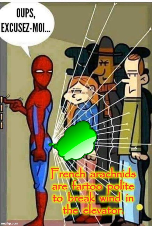 Spiderfarts | French  arachnids
are  fartoo  polite
to  break  wind  in
the  elevator. | image tagged in deadly | made w/ Imgflip meme maker