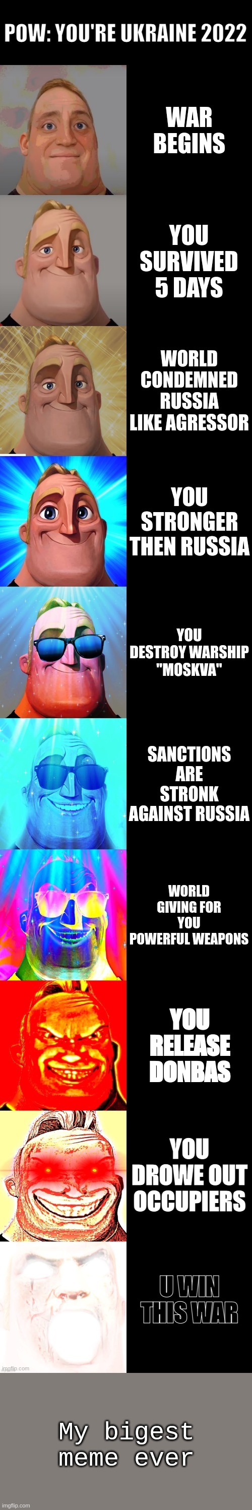 mr incredible becoming canny |  POW: YOU'RE UKRAINE 2022; WAR BEGINS; YOU SURVIVED 5 DAYS; WORLD CONDEMNED RUSSIA LIKE AGRESSOR; YOU STRONGER THEN RUSSIA; YOU DESTROY WARSHIP "MOSKVA"; SANCTIONS ARE STRONK AGAINST RUSSIA; WORLD GIVING FOR YOU POWERFUL WEAPONS; YOU RELEASE DONBAS; YOU DROWE OUT OCCUPIERS; U WIN THIS WAR; My bigest meme ever | image tagged in mr incredible becoming canny | made w/ Imgflip meme maker
