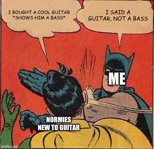 Batman Slapping Robin Meme |  I BOUGHT A COOL GUITAR
*SHOWS HIM A BASS*; I SAID A GUITAR, NOT A BASS; ME; NORMIES NEW TO GUITAR | image tagged in memes,batman slapping robin | made w/ Imgflip meme maker