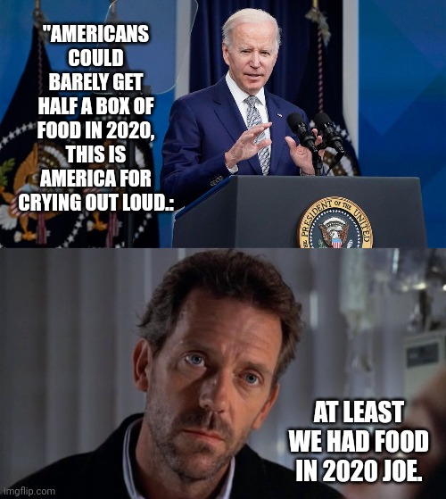 2020 is what I consider the good ol days. | "AMERICANS COULD BARELY GET HALF A BOX OF FOOD IN 2020, THIS IS AMERICA FOR CRYING OUT LOUD.:; AT LEAST WE HAD FOOD IN 2020 JOE. | image tagged in sarcastic house | made w/ Imgflip meme maker