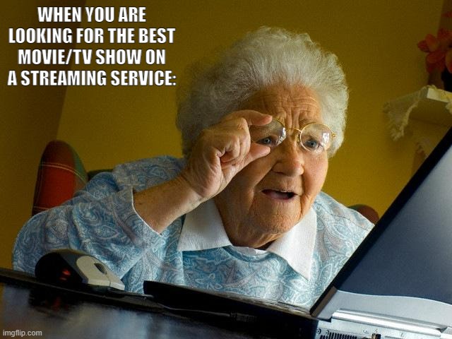 AWOOGA! | WHEN YOU ARE LOOKING FOR THE BEST MOVIE/TV SHOW ON A STREAMING SERVICE: | image tagged in memes,grandma finds the internet | made w/ Imgflip meme maker