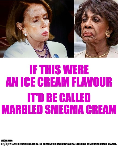 Here's an Ice Cream Flavour for Democrats and other Leftists | IF THIS WERE AN ICE CREAM FLAVOUR; IT'D BE CALLED MARBLED SMEGMA CREAM; DISCLAIMER: 
THE CDC DOES NOT RECOMMEND SMEGMA FOR HUMANS NOT QUADRUPLE VACCINATED AGAINST MOST COMMUNICABLE DISEASES. | image tagged in nancy pelosi pb sandwich,maxine waters | made w/ Imgflip meme maker