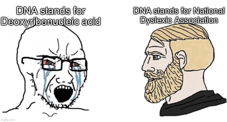 Down look for the meme | DNA stands for Deoxyribonucleic acid; DNA stands for National Dyslexic Association | image tagged in crying wojak vs chad | made w/ Imgflip meme maker