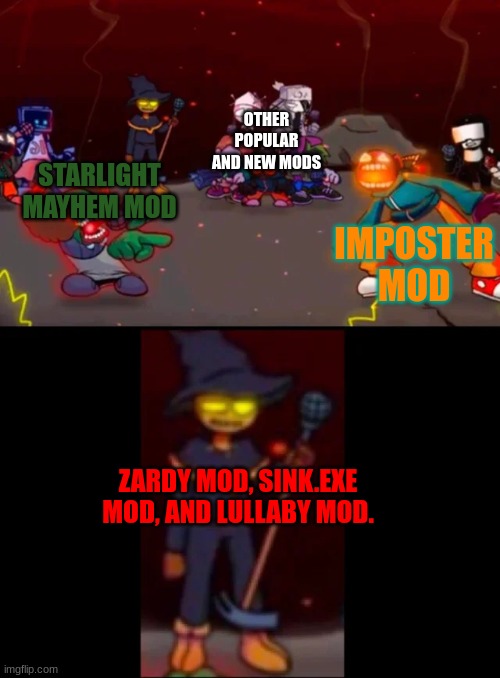 zardy's pure dissapointment | STARLIGHT MAYHEM MOD IMPOSTER MOD OTHER POPULAR AND NEW MODS ZARDY MOD, SINK.EXE MOD, AND LULLABY MOD. | image tagged in zardy's pure dissapointment | made w/ Imgflip meme maker