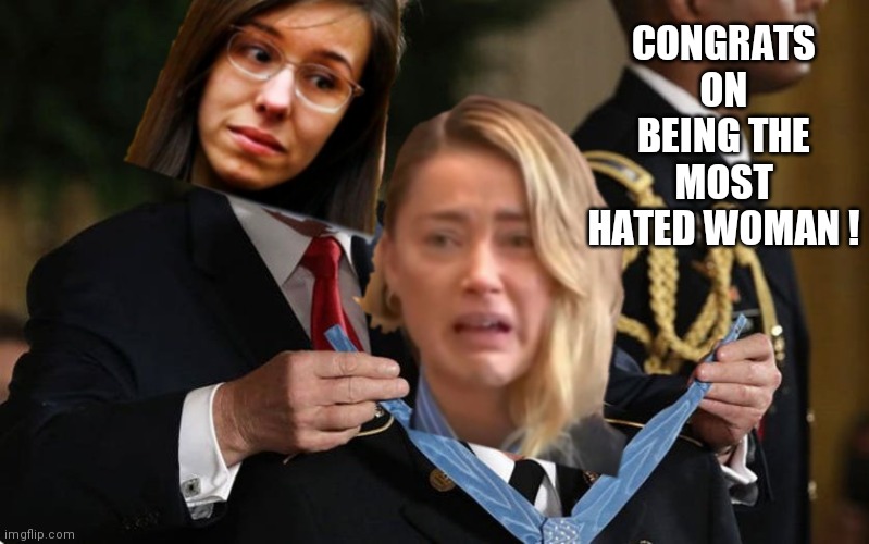 Jodi arias gives amber heard a medal | CONGRATS ON BEING THE MOST HATED WOMAN ! | image tagged in amber heard,Amberturdmemes | made w/ Imgflip meme maker