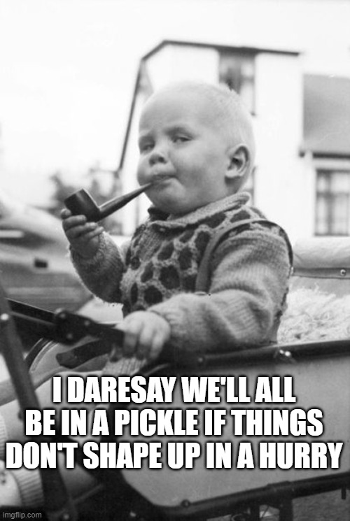 Baby smoking pipe | I DARESAY WE'LL ALL BE IN A PICKLE IF THINGS DON'T SHAPE UP IN A HURRY | image tagged in baby smoking pipe | made w/ Imgflip meme maker
