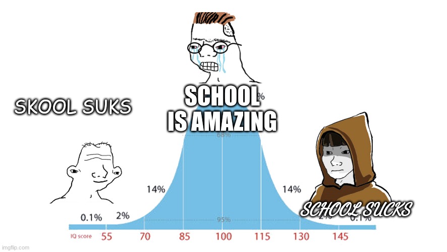 School Stuff | SCHOOL IS AMAZING; SKOOL SUKS; SCHOOL SUCKS | image tagged in midwit memes,school,school meme,memes | made w/ Imgflip meme maker